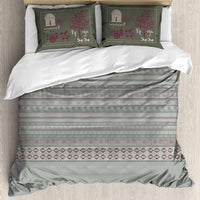 Traditional Village Scene & Tribal Pattern Duvet Cover Set in Sage and Olive